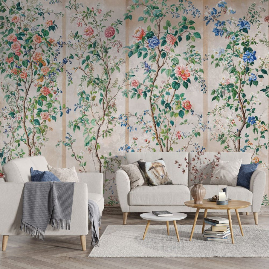 Papier peint à motif fleurs et oiseaux éclatants