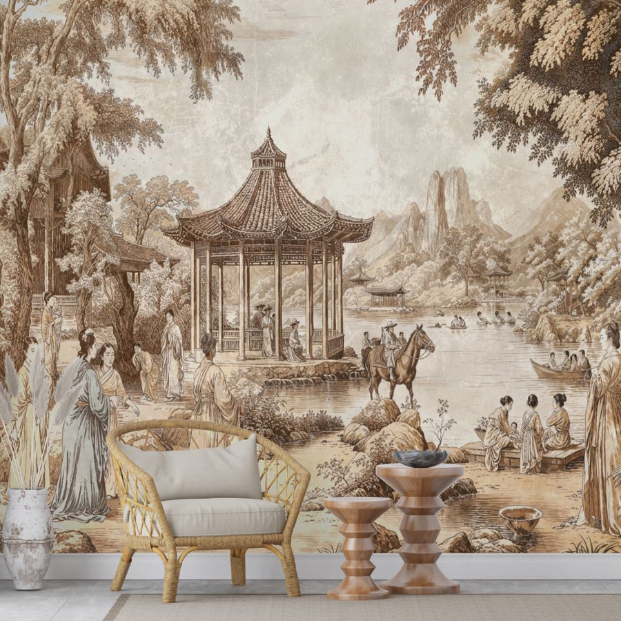 Papier peint motif d'art traditionnel chinois aux tons sépia