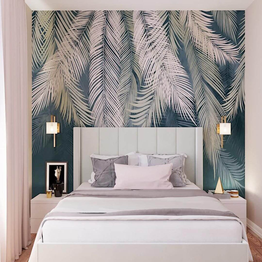 Papier peint feuilles crème sur fond vert