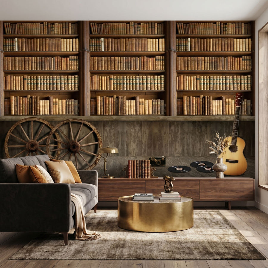 Papier peint bibliothèque et guitare
