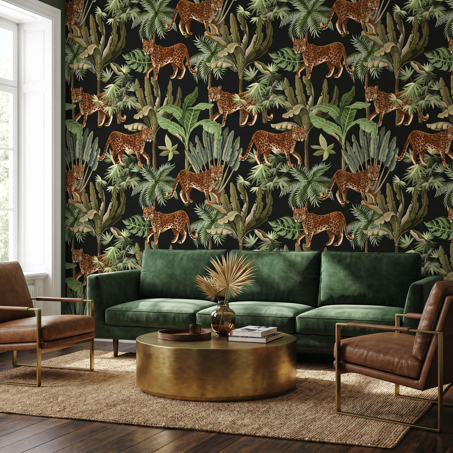 Papier peint léopard et plantes tropicales sur fond noir