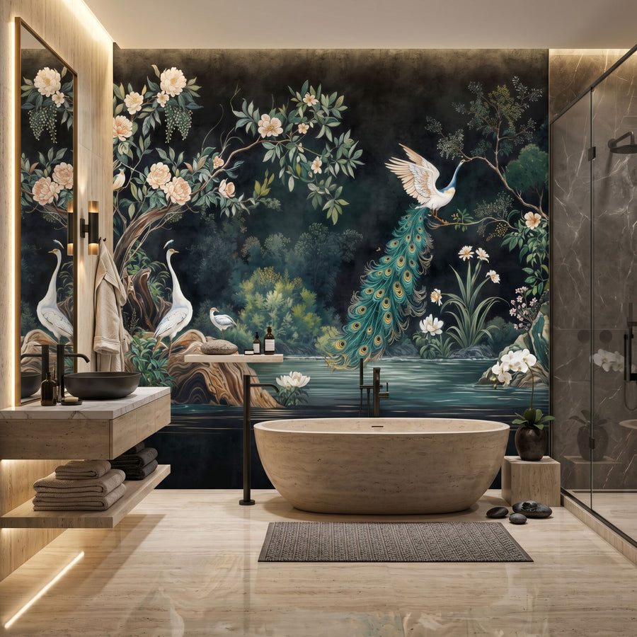 Papier peint jardin de nuit aux paons sur fond noir