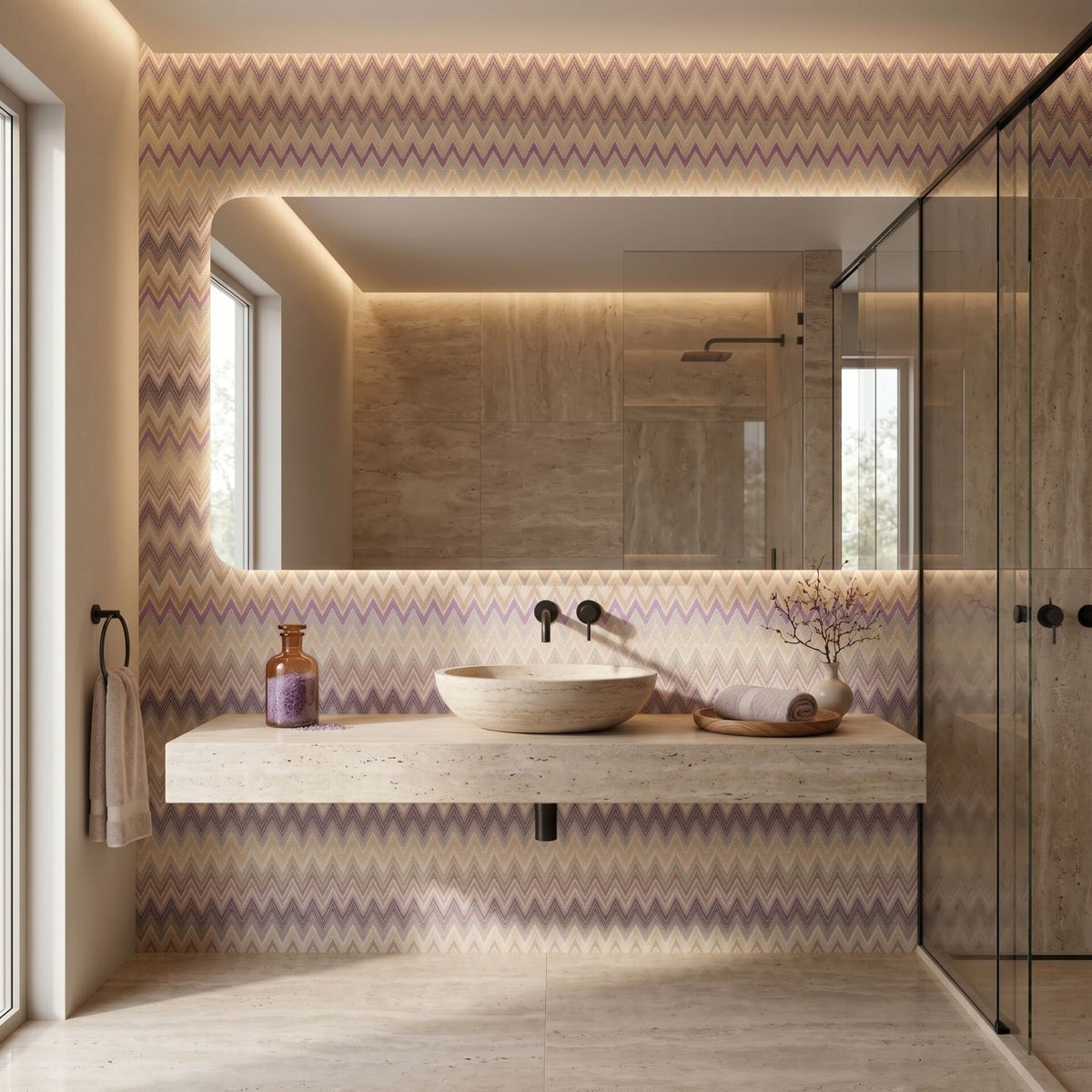 Bej ve mor tonlarda Missoni Home zikzak desenli vinil duvar kağıdı