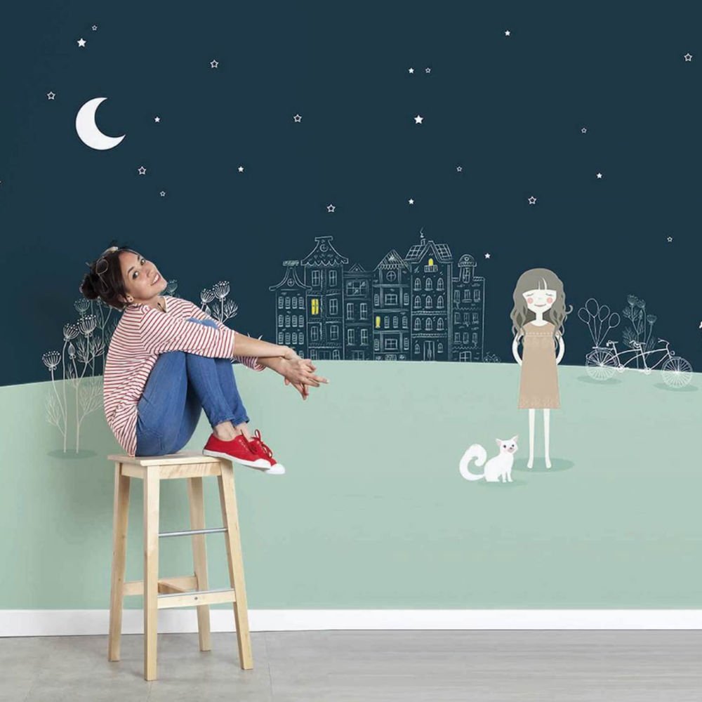 Papier peint ciel nocturne, petite demoiselle et son chat