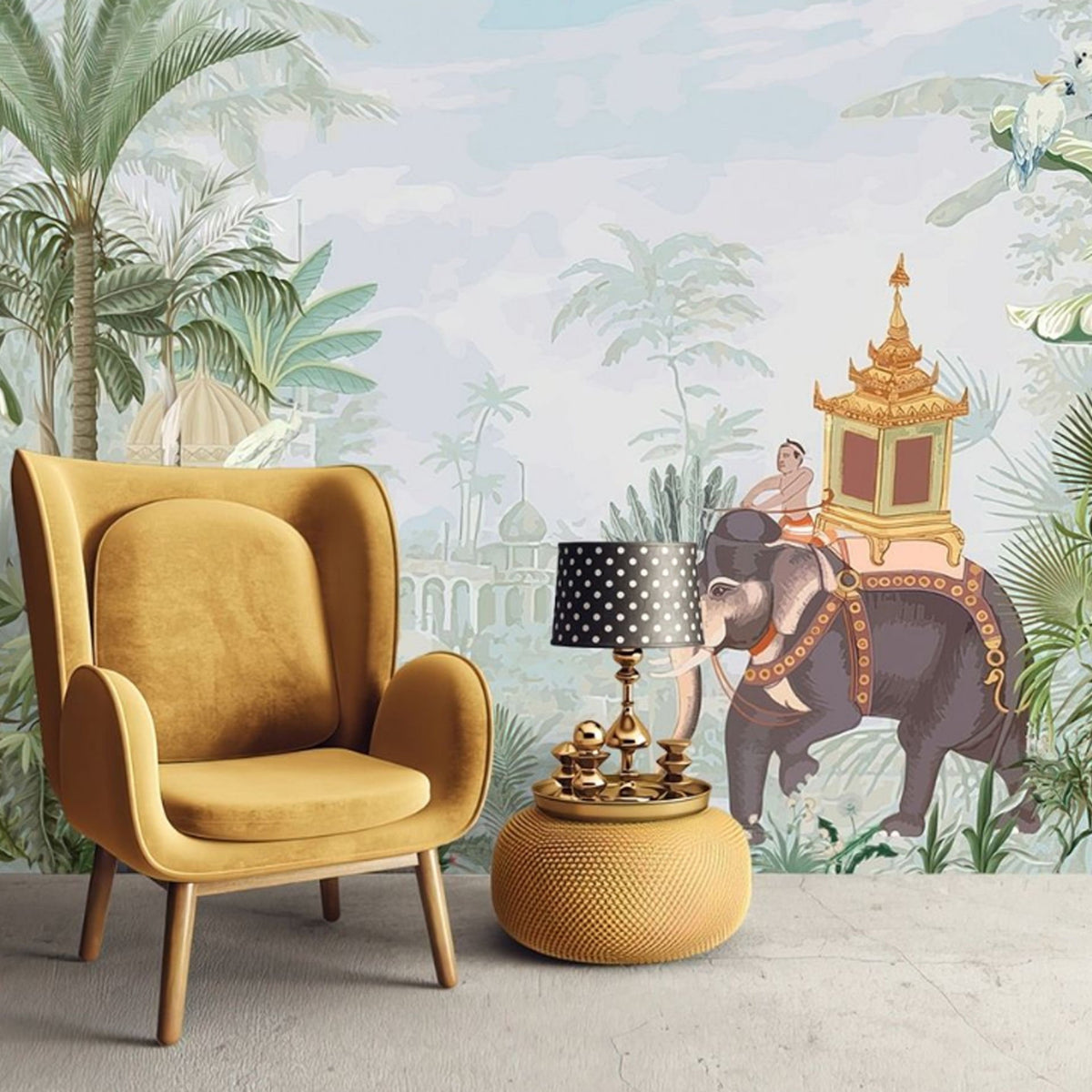 Papier peint palais caché en forêt et éléphant