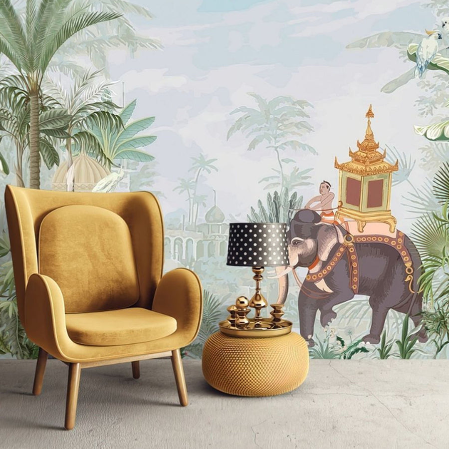 Papier peint palais caché en forêt et éléphant