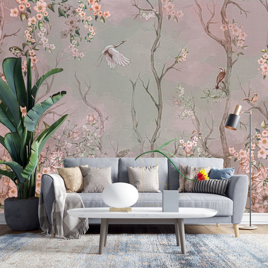 Papier peint fleurs, branches et oiseaux japonais