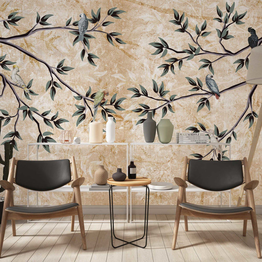 Papier peint perroquet gris sur une branche