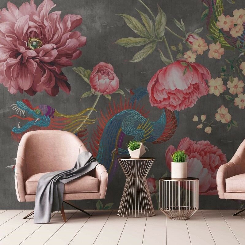 Papier peint dragon et fleurs