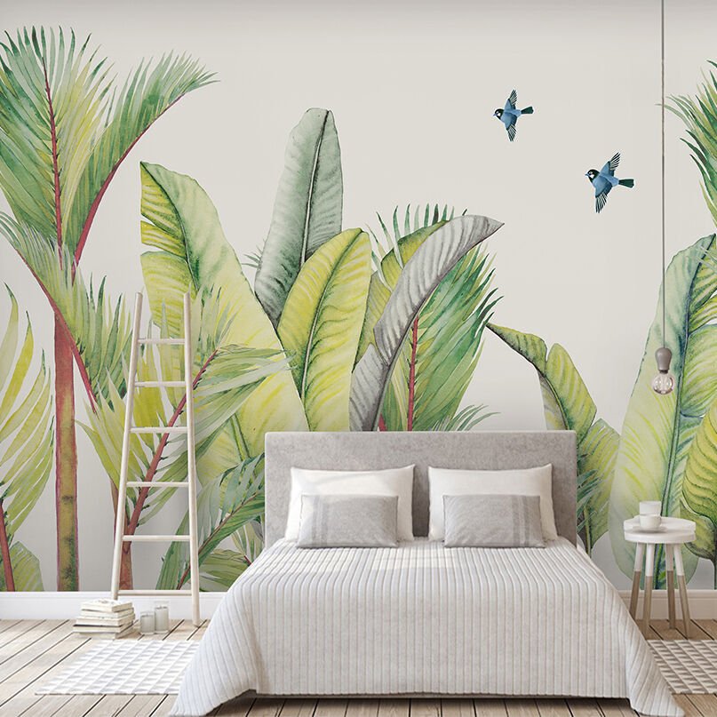 Papier peint grandes feuilles exotiques et oiseaux bleus
