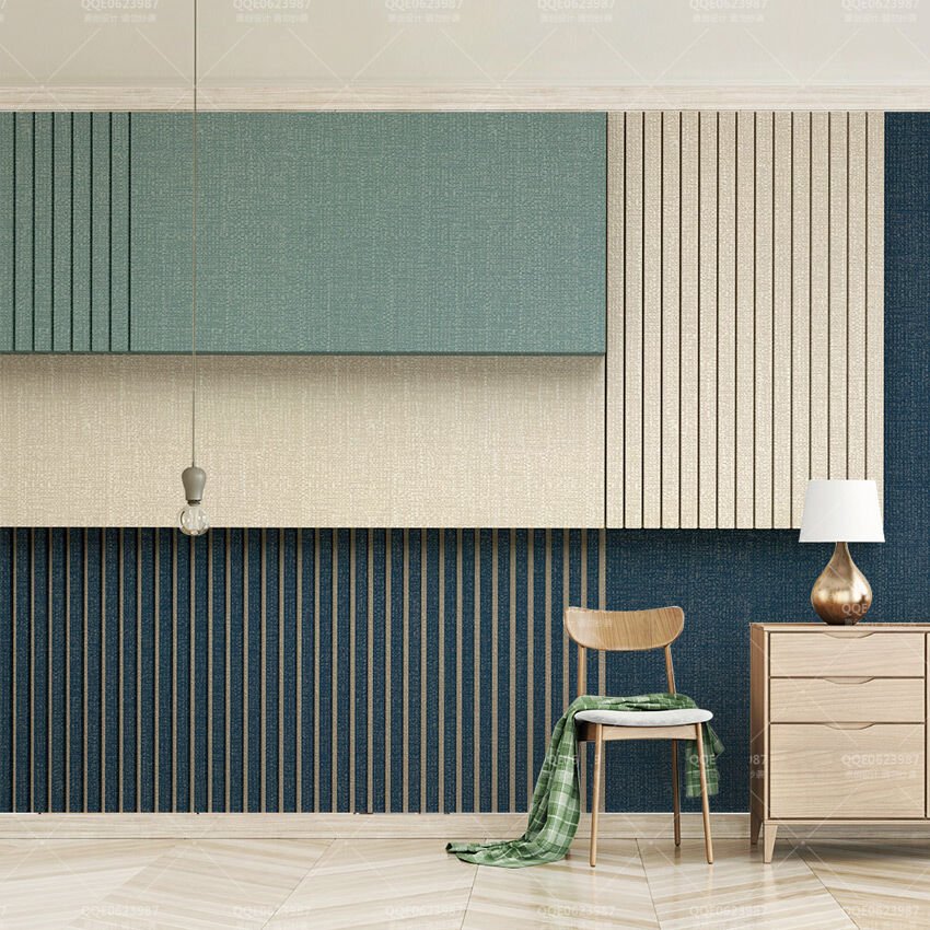 Papier peint rectangles bleu marine, beige et turquoise
