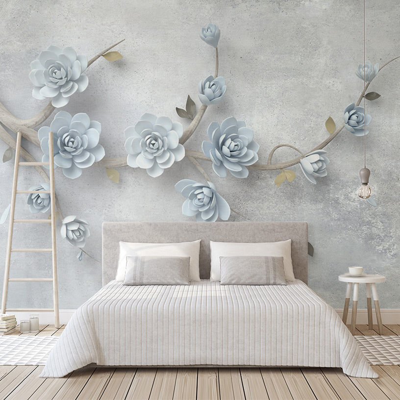 Papier peint motif bleu en relief fleurs sur branche