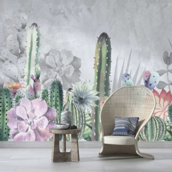 Papier peint cactus et succulentes à effet aquarelle