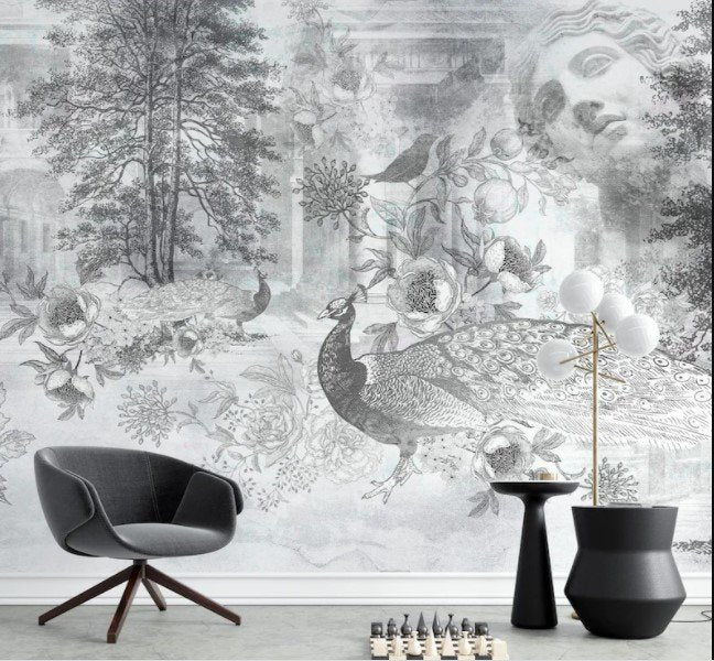 Papier peint paon mythologique noir et blanc