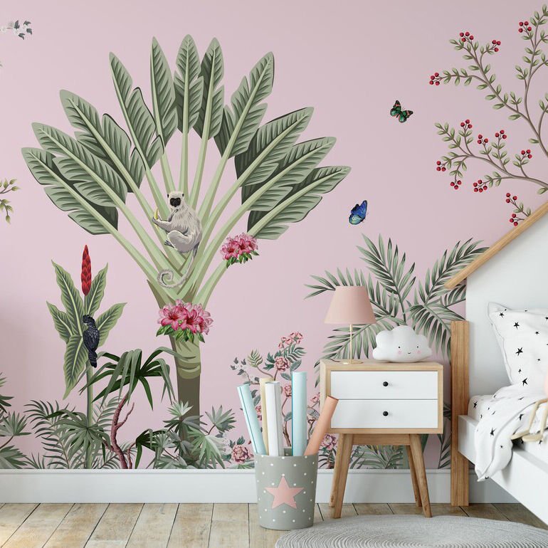 Papier peint feuilles de bananier, nuages et plantes sur fond rose