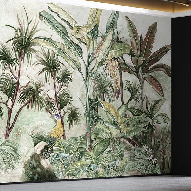 Papier peint perroquet et arbres au pastel