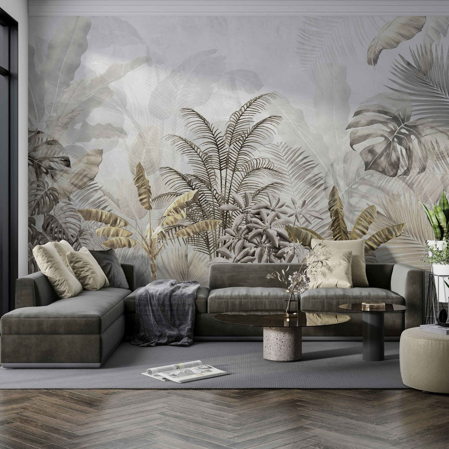 Papier peint feuillages tropicaux sépia sur fond gris