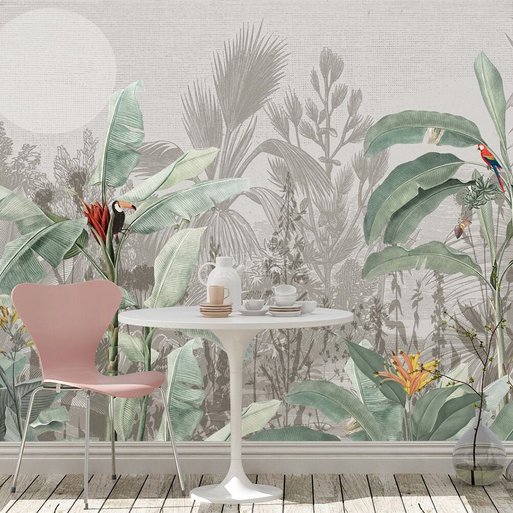 Papier peint bananiers et perroquets exotiques