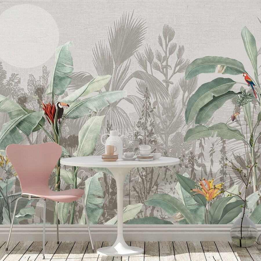 Papier peint bananiers et perroquets exotiques