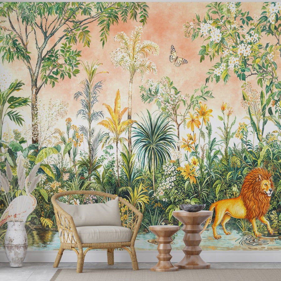 Papier peint motif forêt tropicale et lion