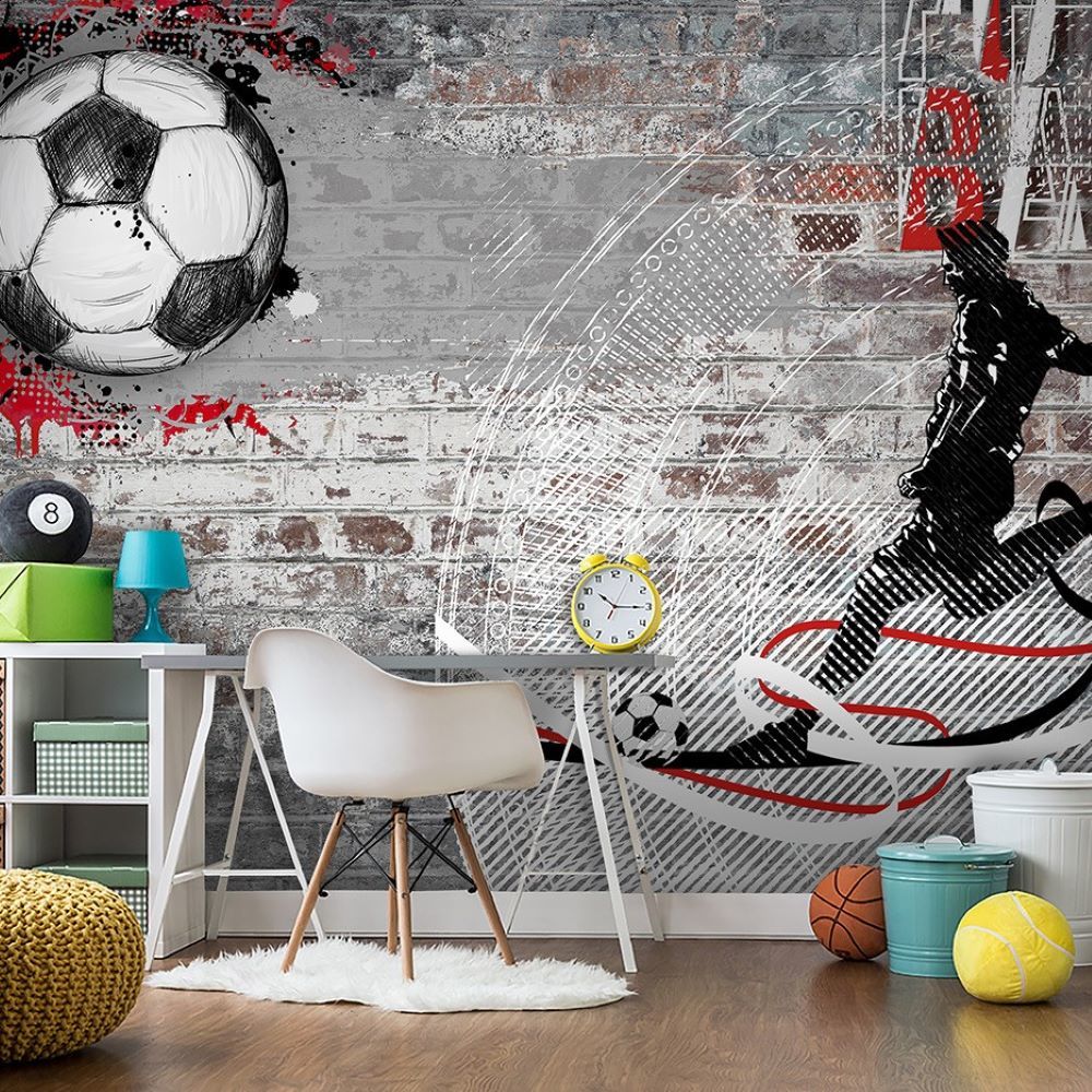 Futbol topu ve oyuncu silüeti desenli çocuk odası duvar kağıdı