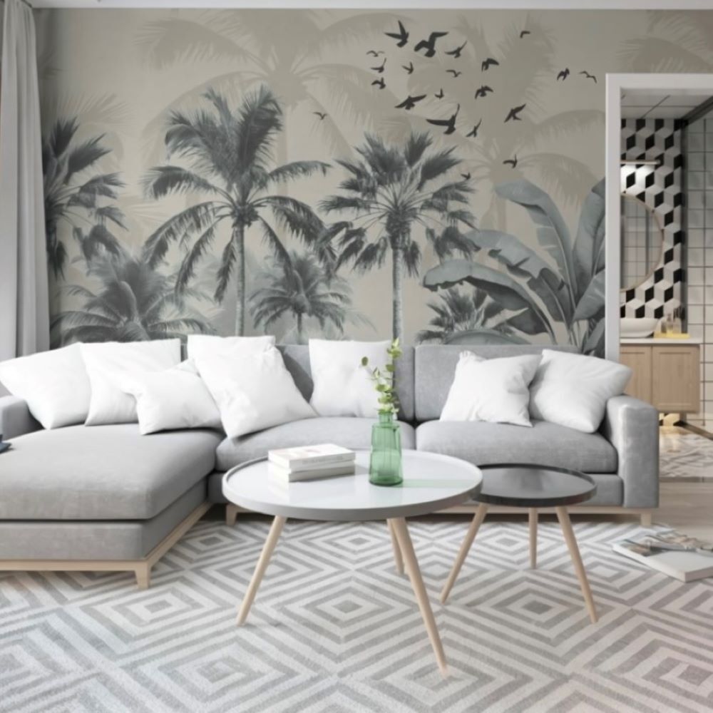 Papier peint création exclusive arbres tropicaux aux ombres grises