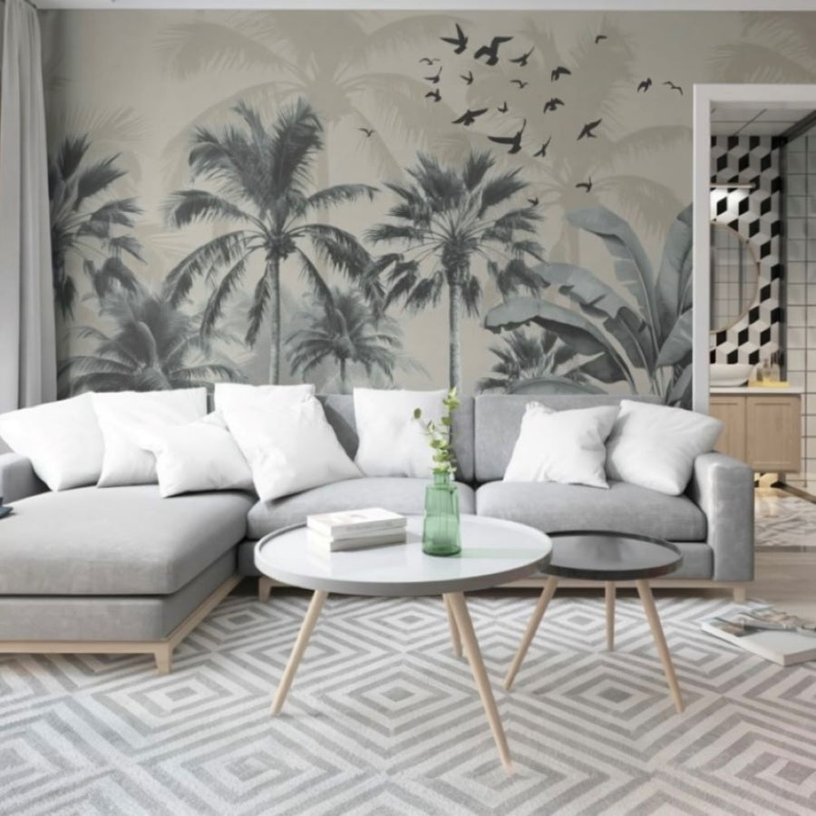Papier peint création exclusive arbres tropicaux aux ombres grises