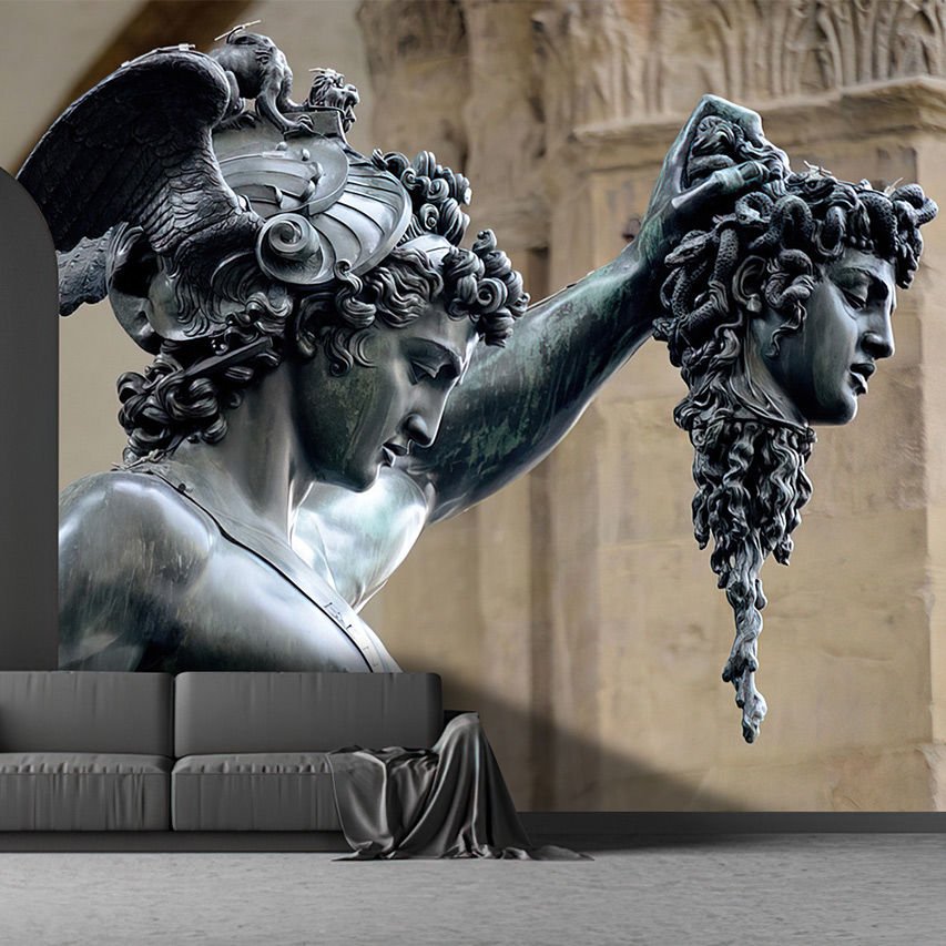 Antrasit tonlarda Medusa başını tutan Perseus heykelli duvar kağıdı