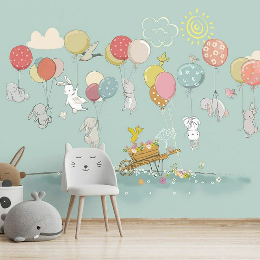 Papier peint lapins joyeux sur des ballons colorés