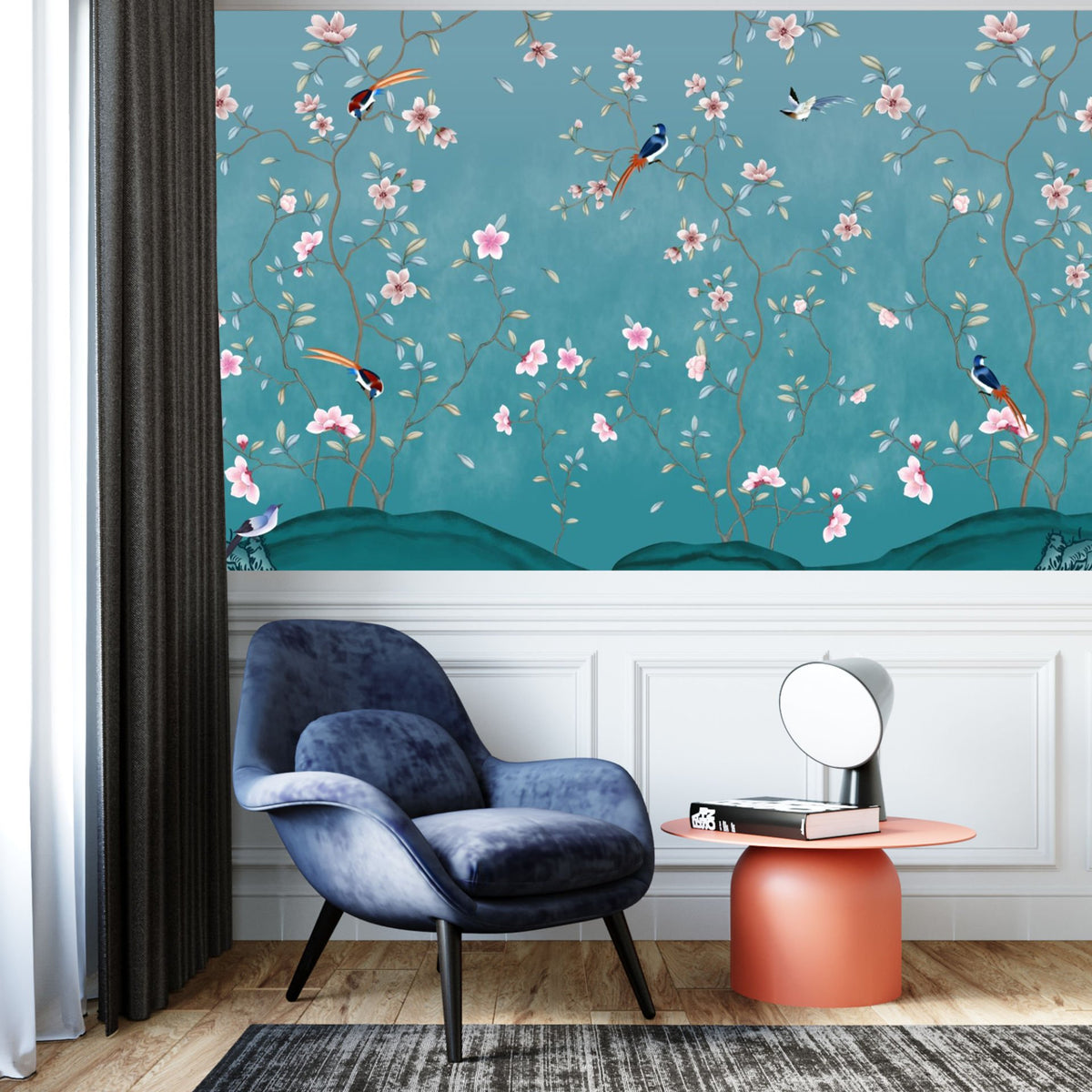 Papier peint fleurs grimpantes et oiseaux sur fond bleu