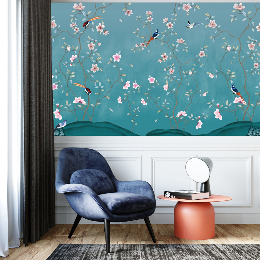 Papier peint fleurs grimpantes et oiseaux sur fond bleu
