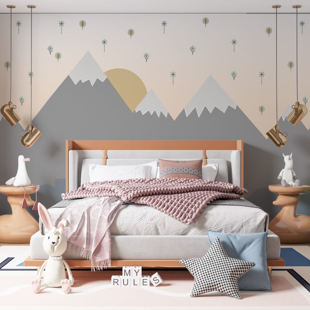 Papier peint montagnes et soleil géométriques