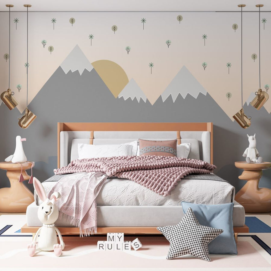 Papier peint montagnes et soleil géométriques