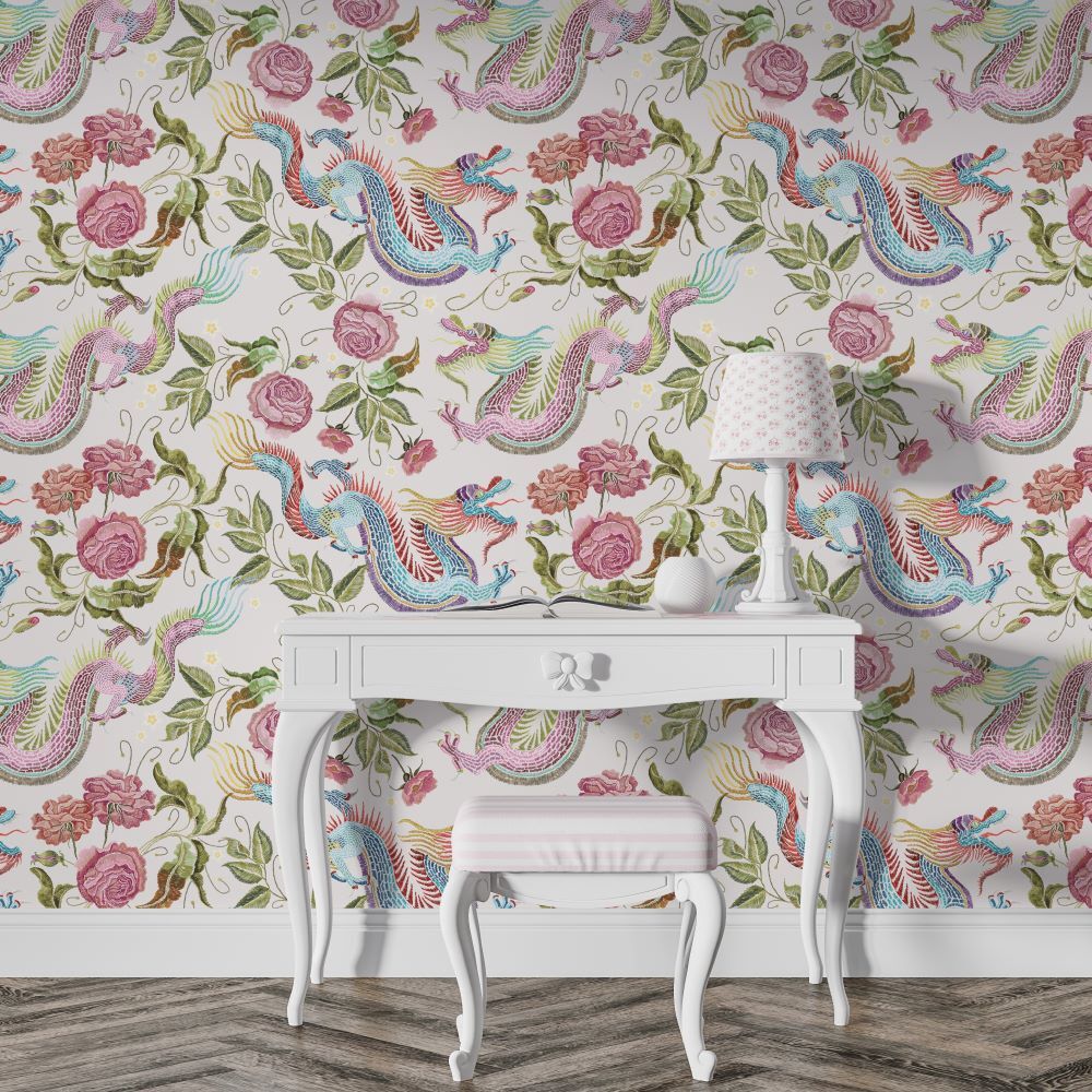 Papier peint dragons, roses et énergie de la chance