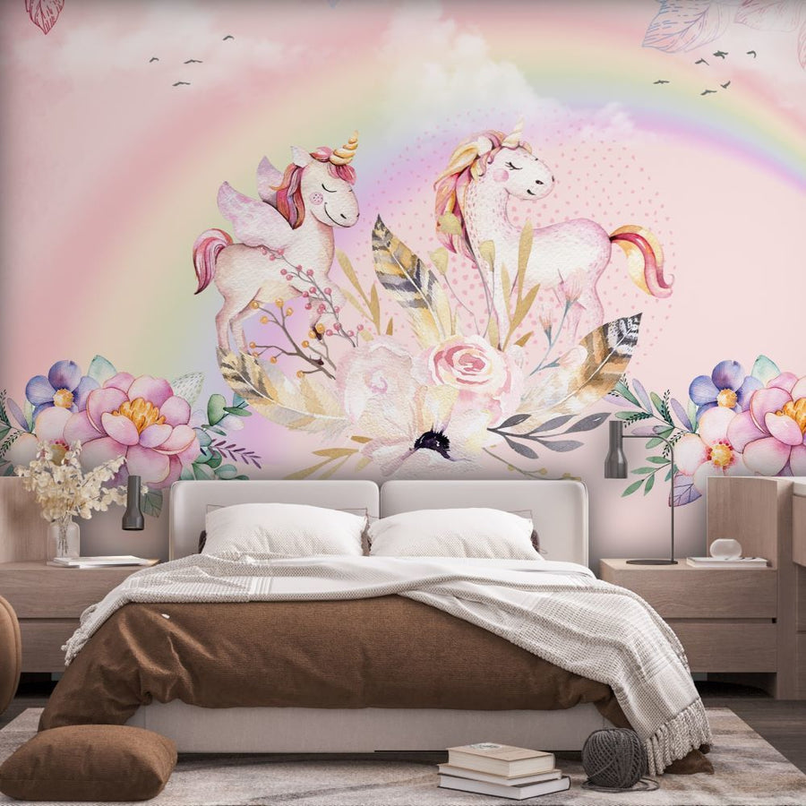Papier peint licornes et fleurs sous l'arc-en-ciel