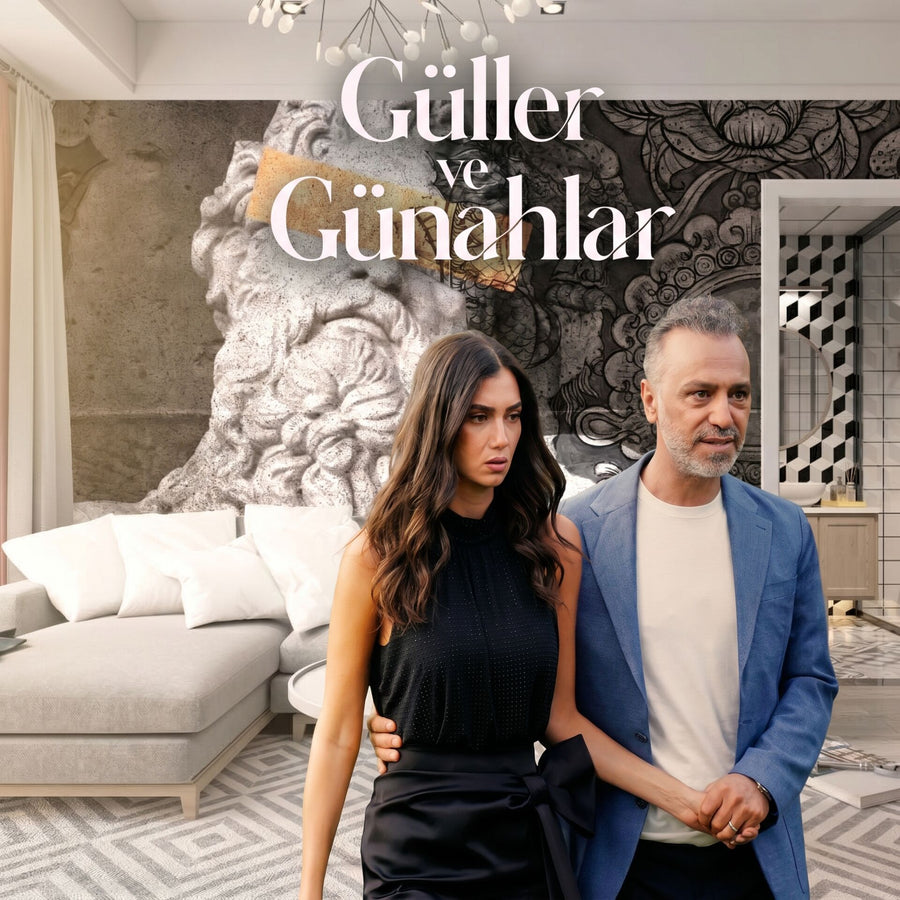 Güller ve Günahlar yazılı, iki kişinin yer aldığı salon duvar kağıdı görseli