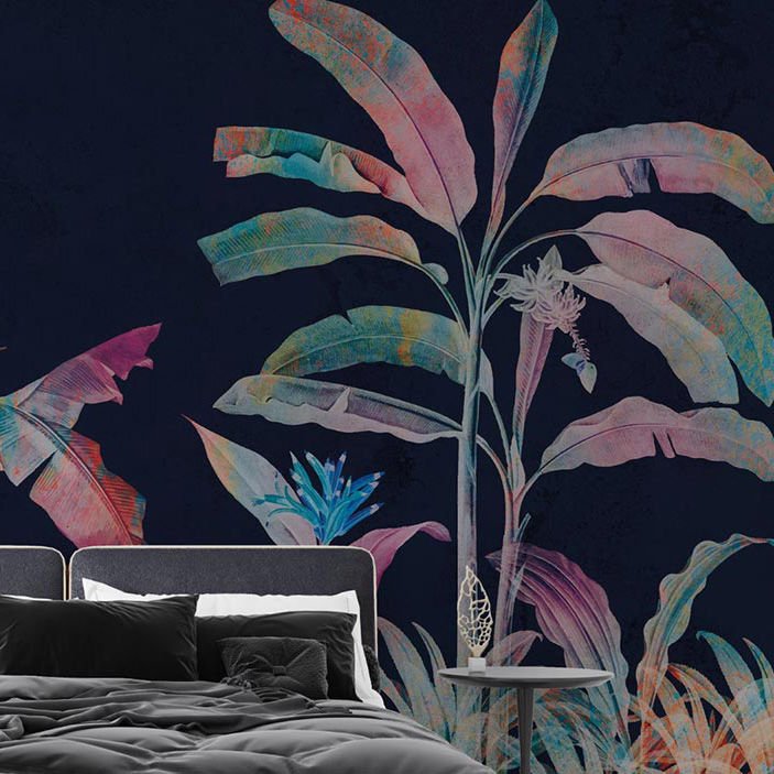 Papier peint arbres tropicaux sur fond bleu marine