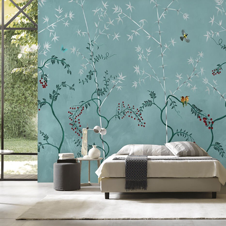 Papier peint petits oiseaux et cerisiers
