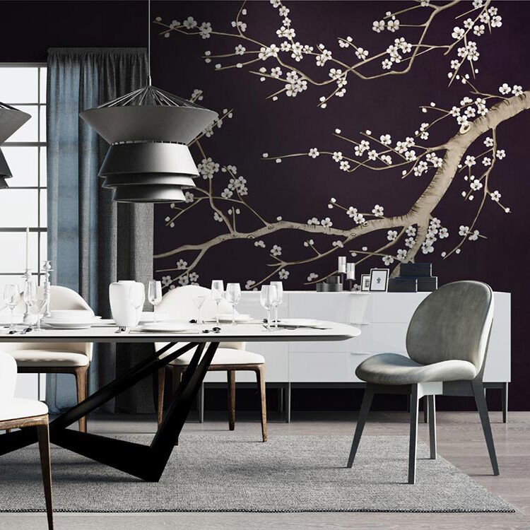 Papier peint fleurs blanches sur fond noir