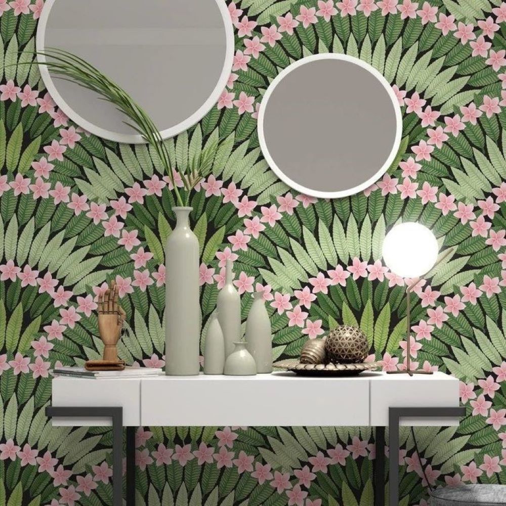 Papier peint fleurs et feuilles de plumeria roses tropicales