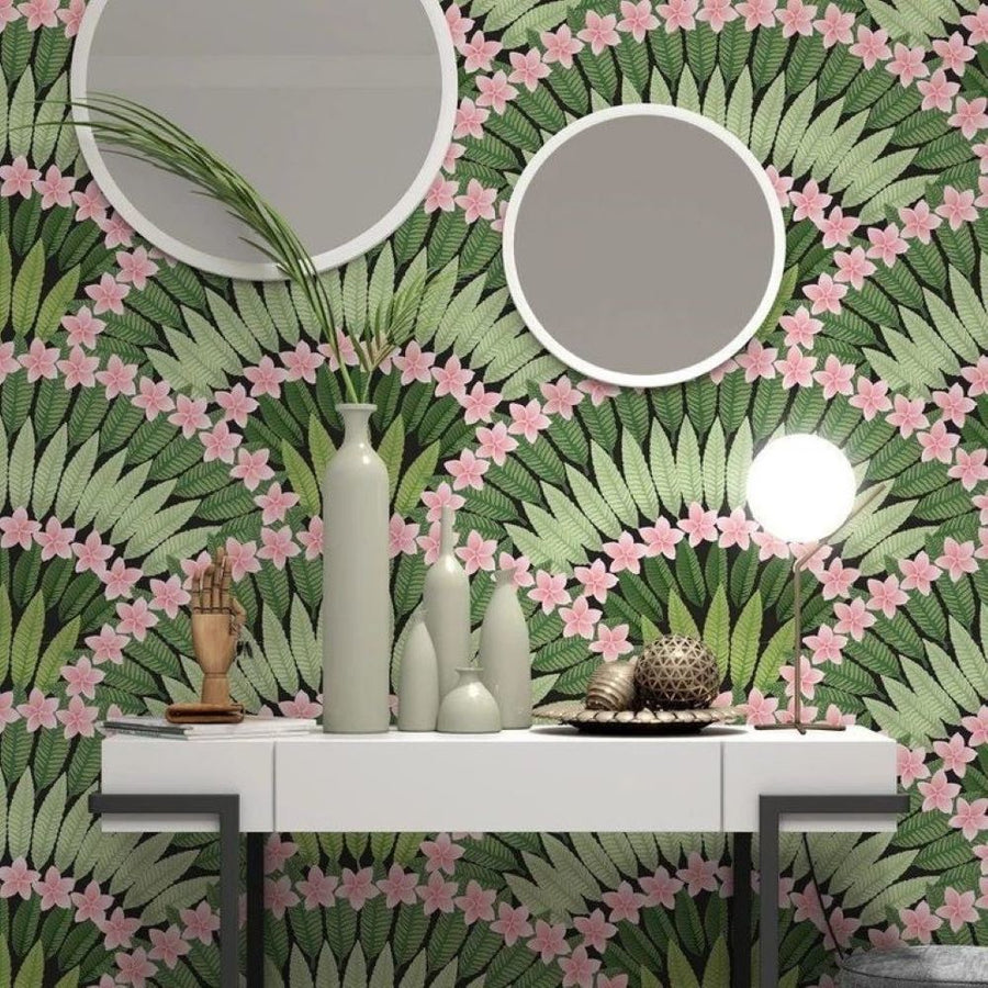 Papier peint fleurs et feuilles de plumeria roses tropicales
