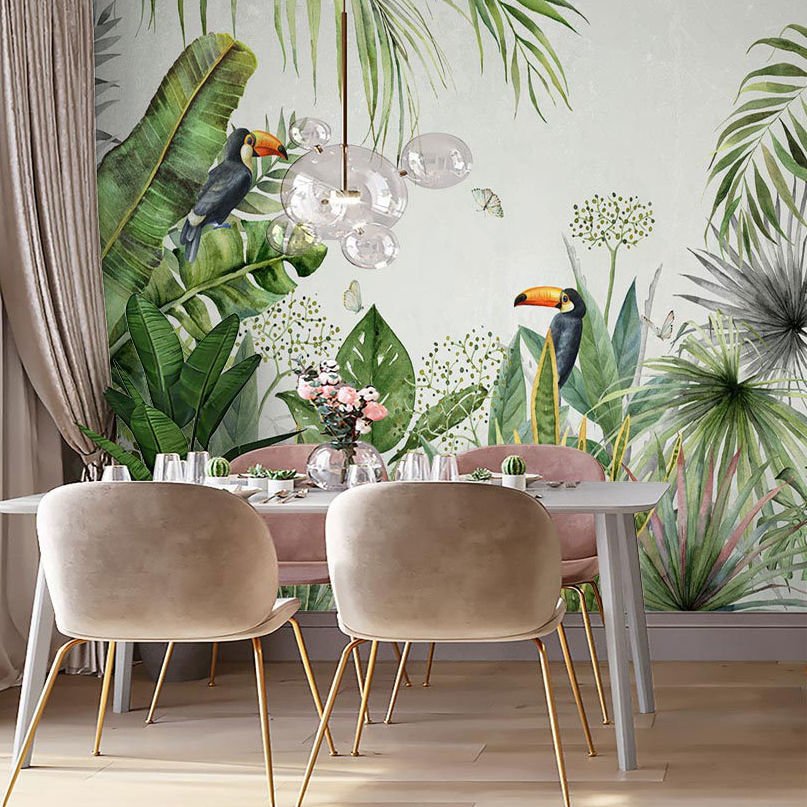 Papier peint perroquets exotiques parmi les feuilles tropicales