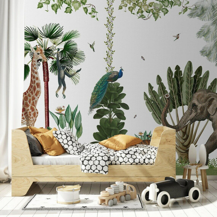 Papier peint plantes tropicales, girafe, éléphant et oiseaux