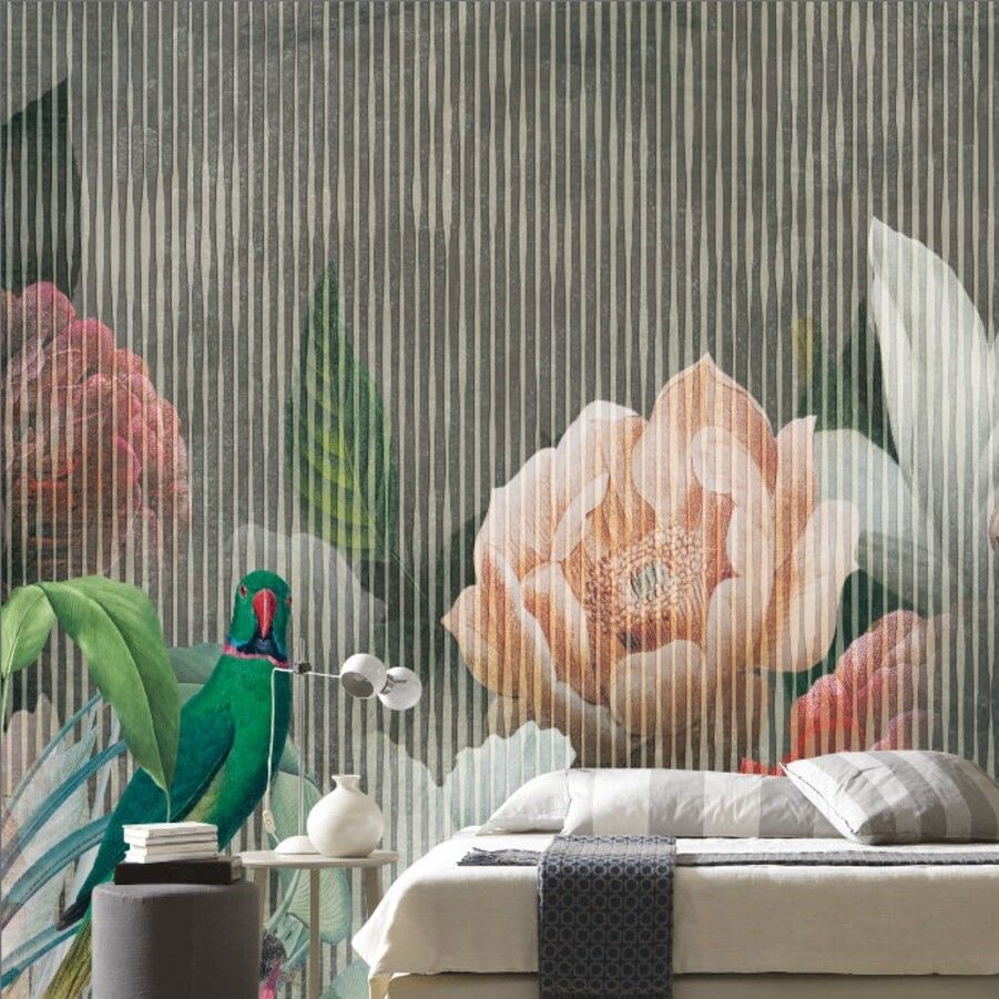 Papier peint magnolia et perroquets