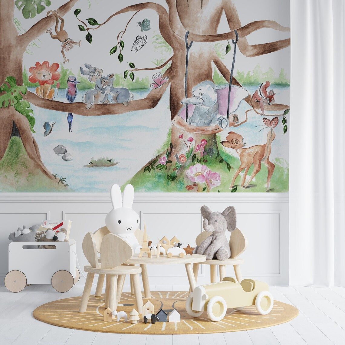 Papier peint éléphant, gazelle et lapins dans l'arbre, dessin au trait