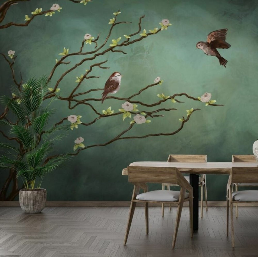 Papier peint fleurs japonaises et oiseaux sur fond vert