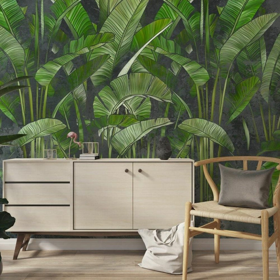 Papier peint bananiers et palmiers tropicaux verts