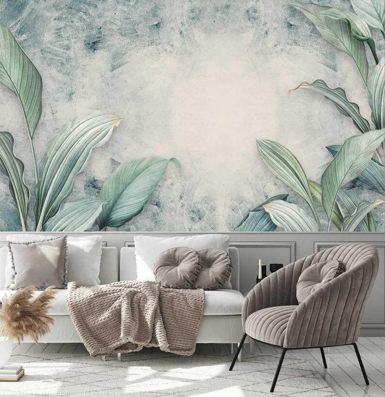 Papier peint botanique feuillages et fleurs vert clair