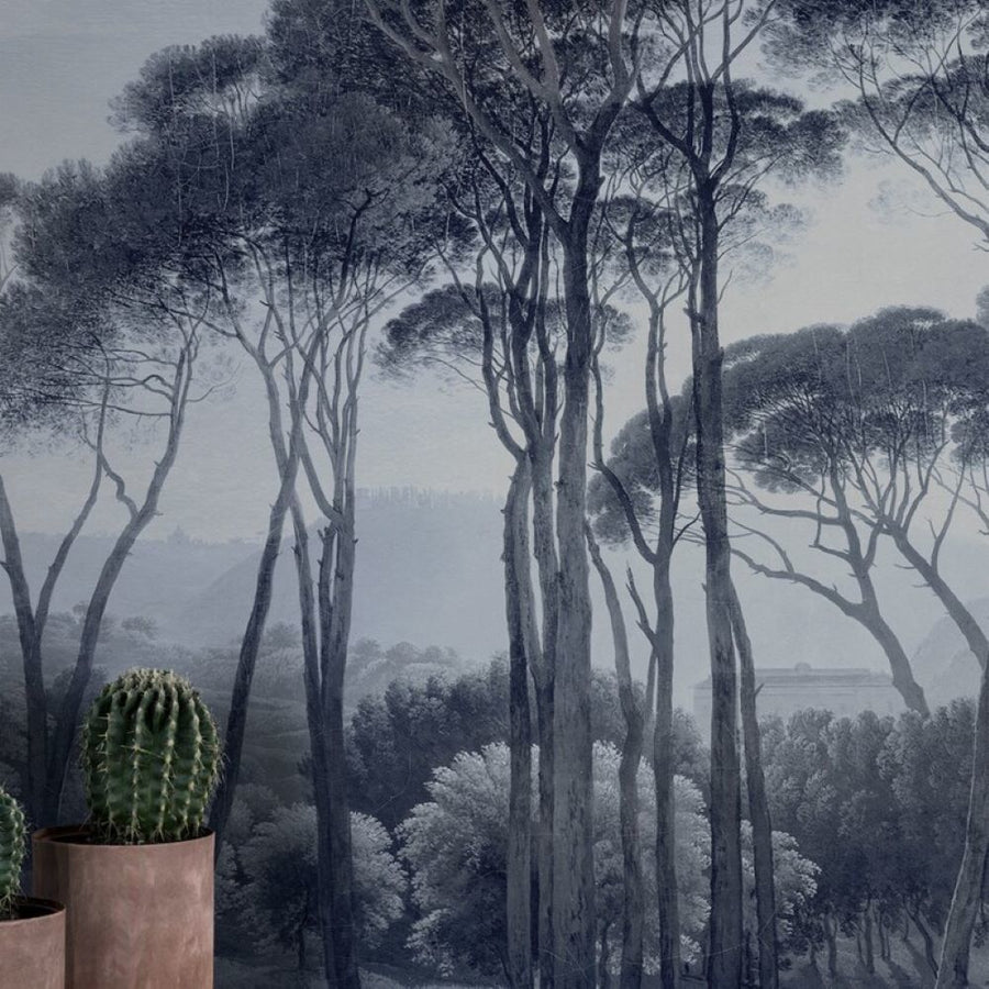 Papier peint forêt de pins bleu fumé
