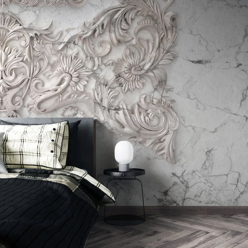 Papier peint carreaux de béton et décor de marbre